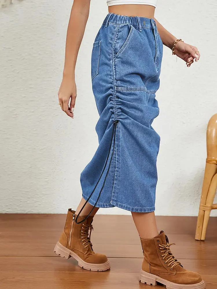 Relaxed Drawstring Denim Midi Skirt