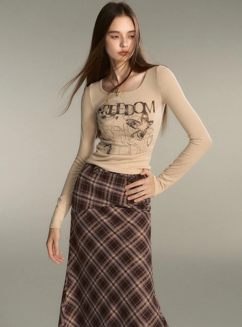 Retro Brown Check Long Mermaid Skirt