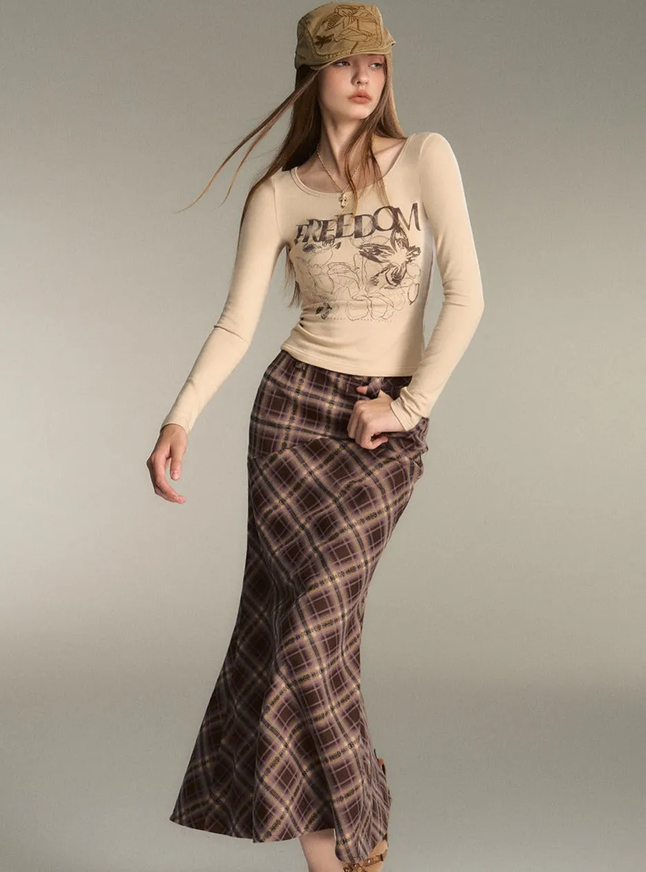 Retro Brown Check Long Mermaid Skirt