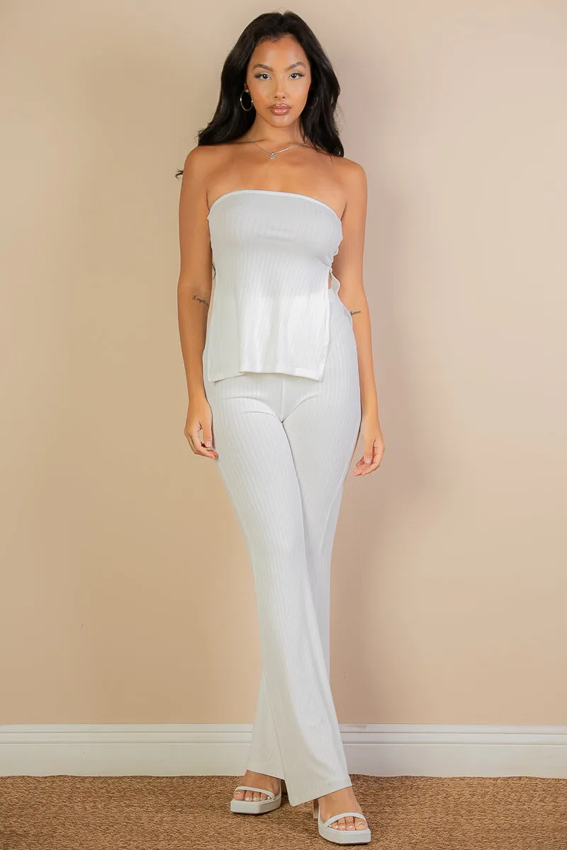 Ribbed Side Slit Bandeau Top & Flare Pants Set (CAPELLA)