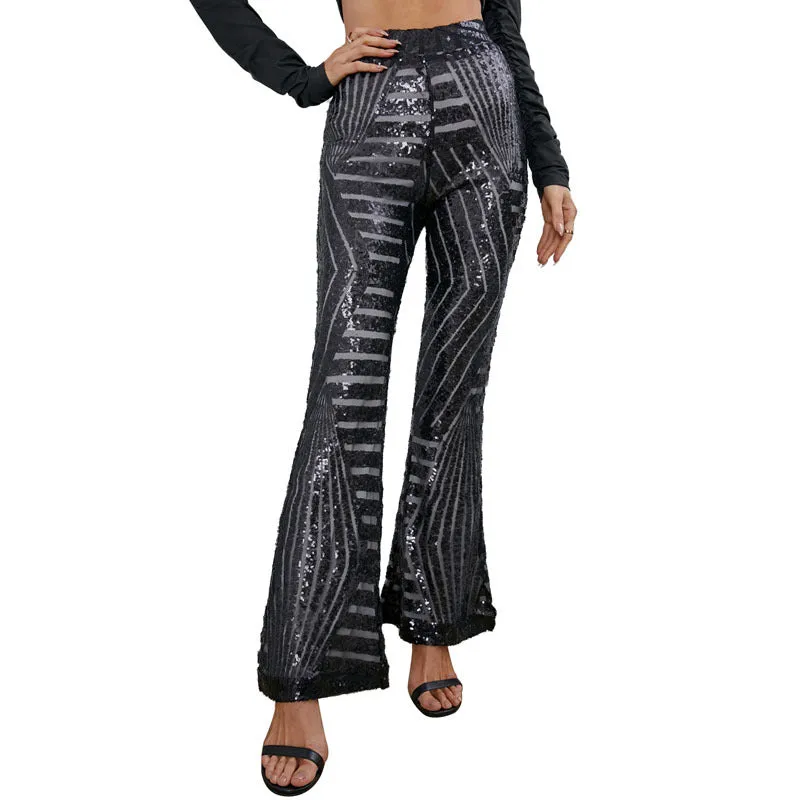 sequins high waist flared pants slim wide leg pants women's casual pants