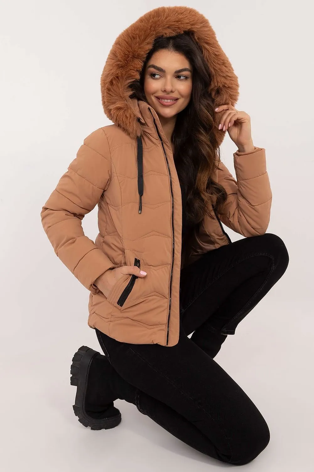 Short Warm Hooded Jacket Camel Brown