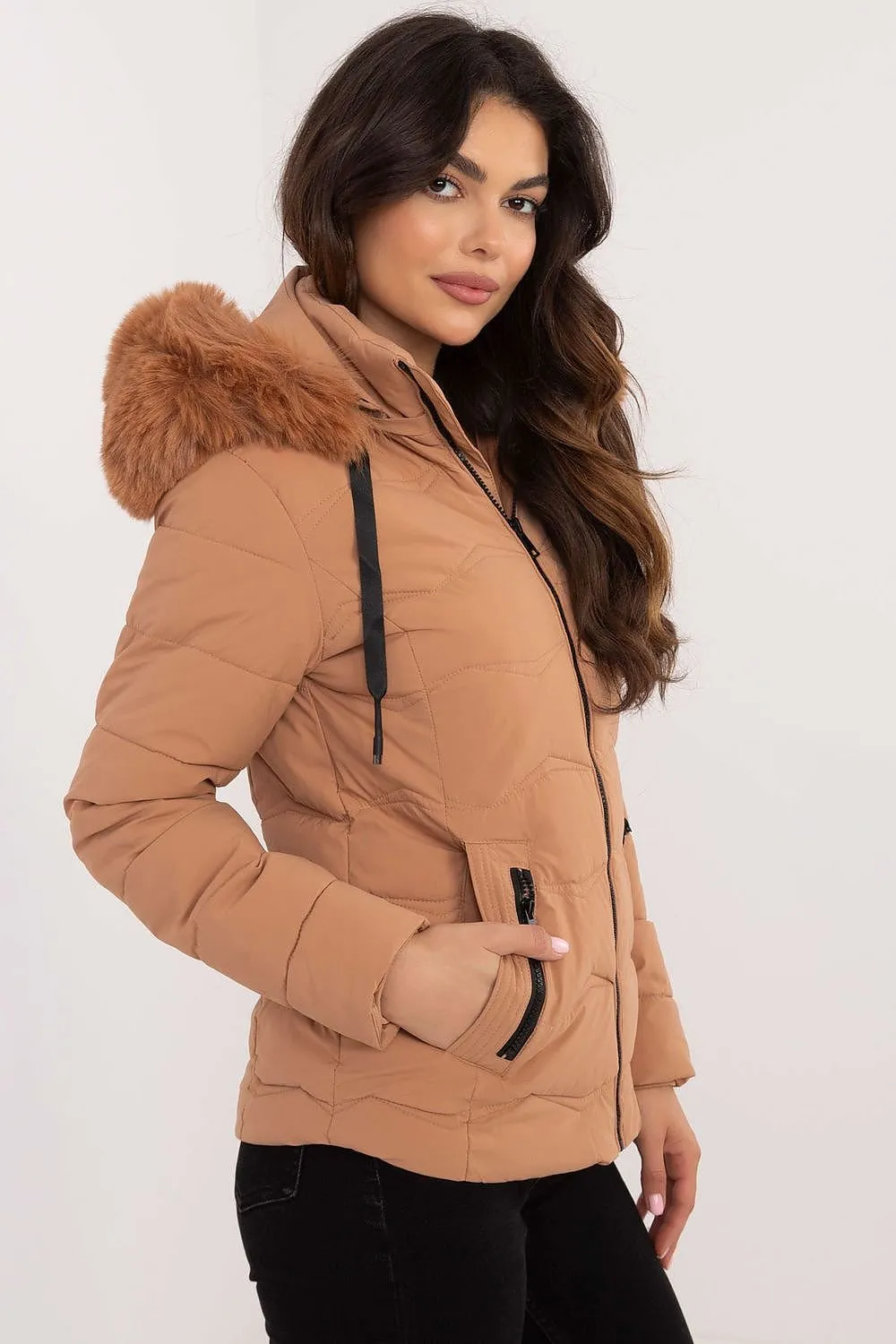 Short Warm Hooded Jacket Camel Brown