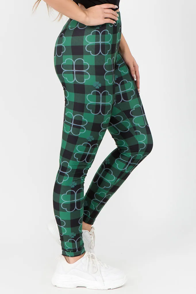 Stay Lucky Plaid 4-Leaf Clover Printed Leggings