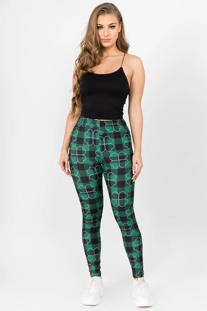 Stay Lucky Plaid 4-Leaf Clover Printed Leggings