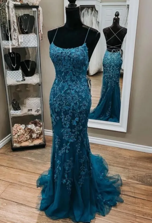 Straps Mermaid Dark Teal Backless Long Prom Dress With Lace    fg2763