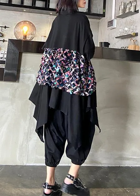 Summer black suit female temperament fashion sequined top harem pants two-piece