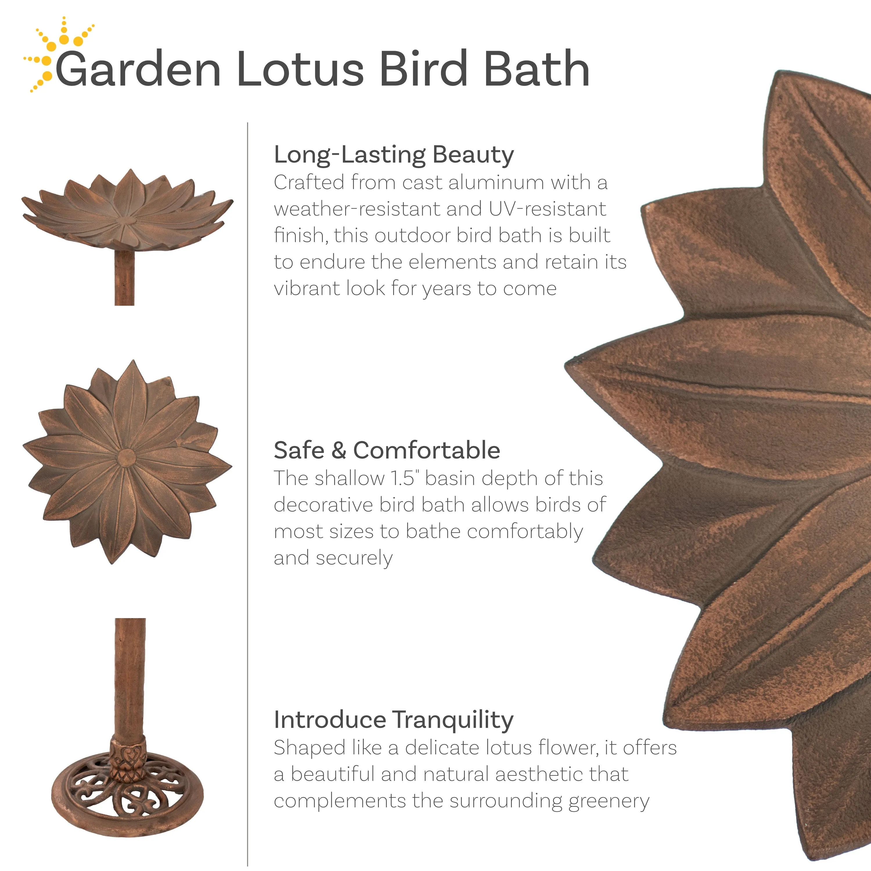 Sunnydaze Garden Lotus Metal Bird Bath - Copper Patina - 16.5"