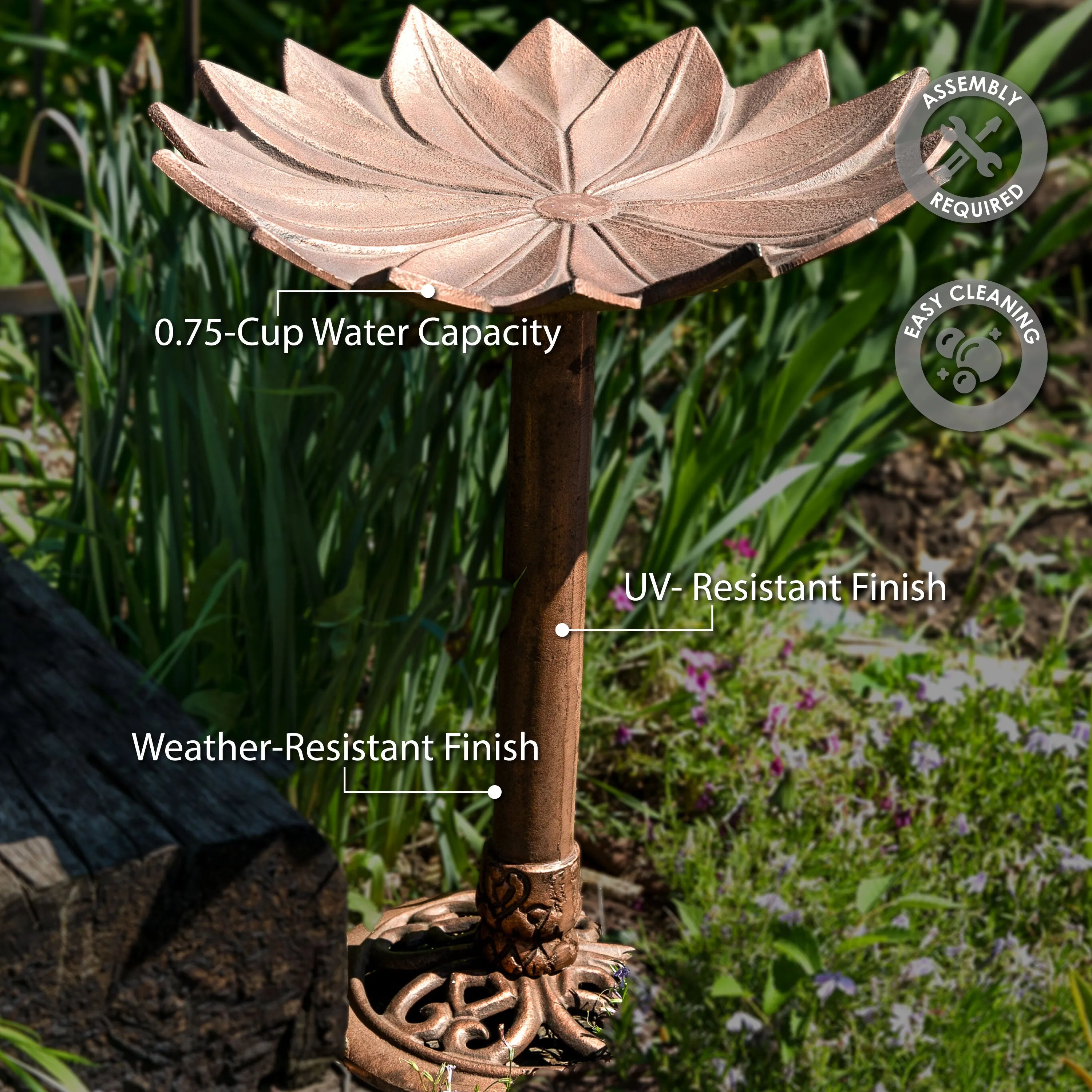 Sunnydaze Garden Lotus Metal Bird Bath - Copper Patina - 16.5"