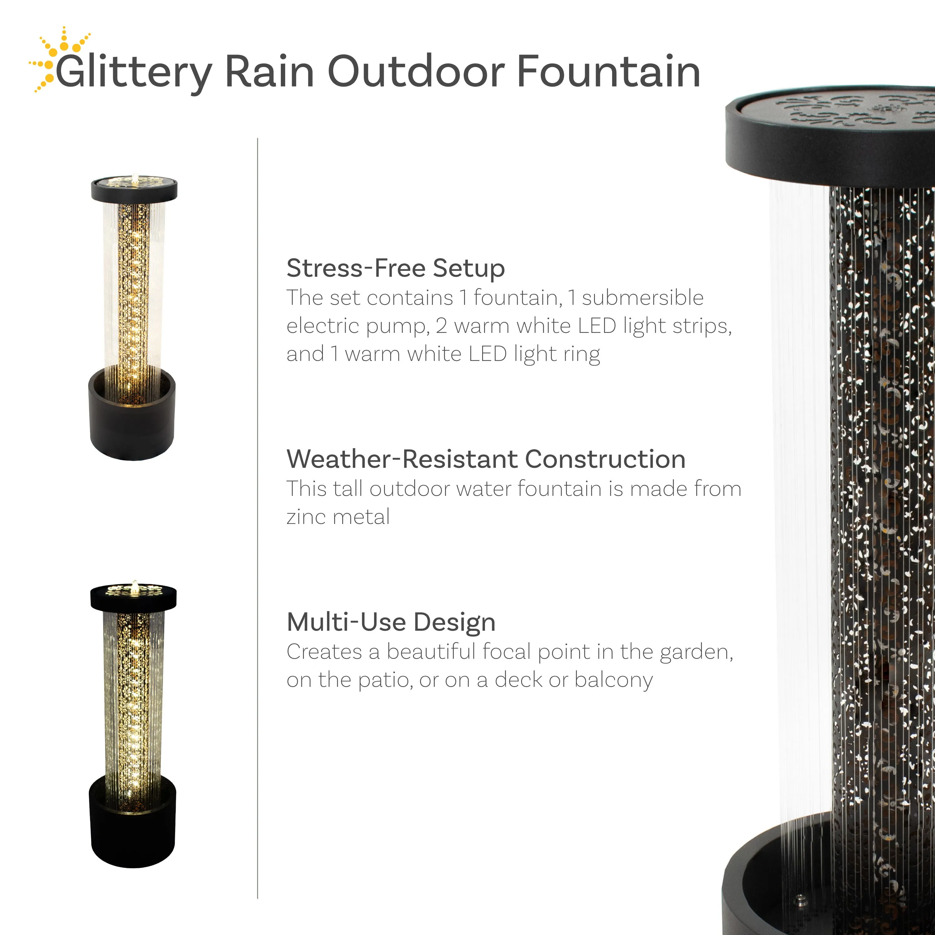 Sunnydaze Glittering Rain Outdoor Water Fountain with Lights - 41.25"