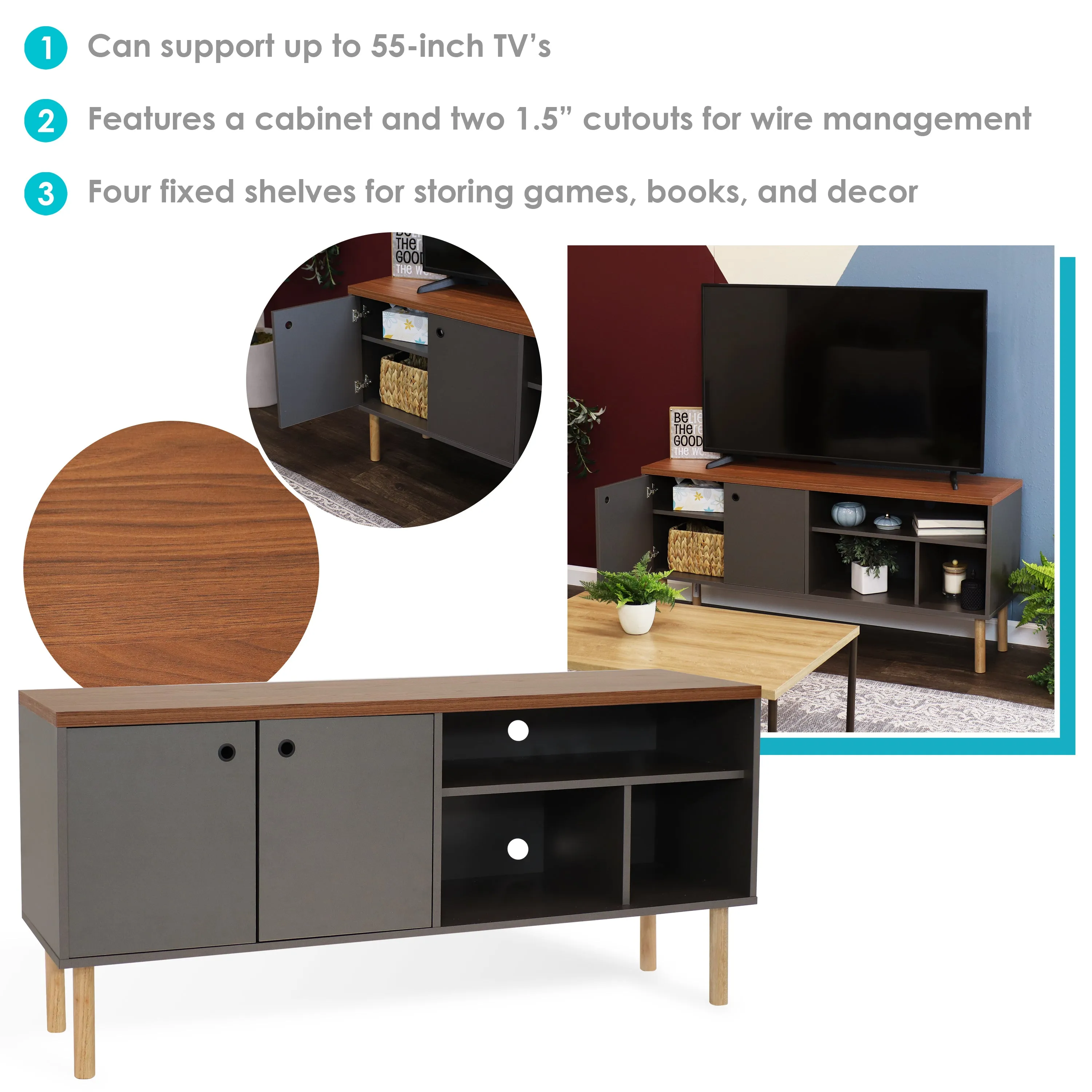 Sunnydaze Mid-Century Modern TV Stand for 55-Inch TV