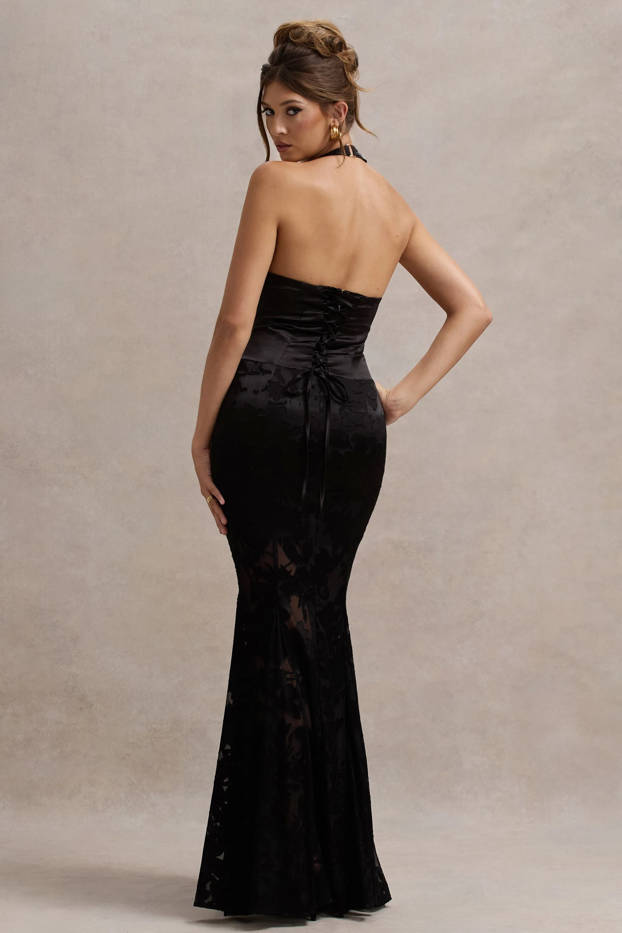 Sunset Tales | Black Satin Devore Plunge-Neck  Maxi Dress