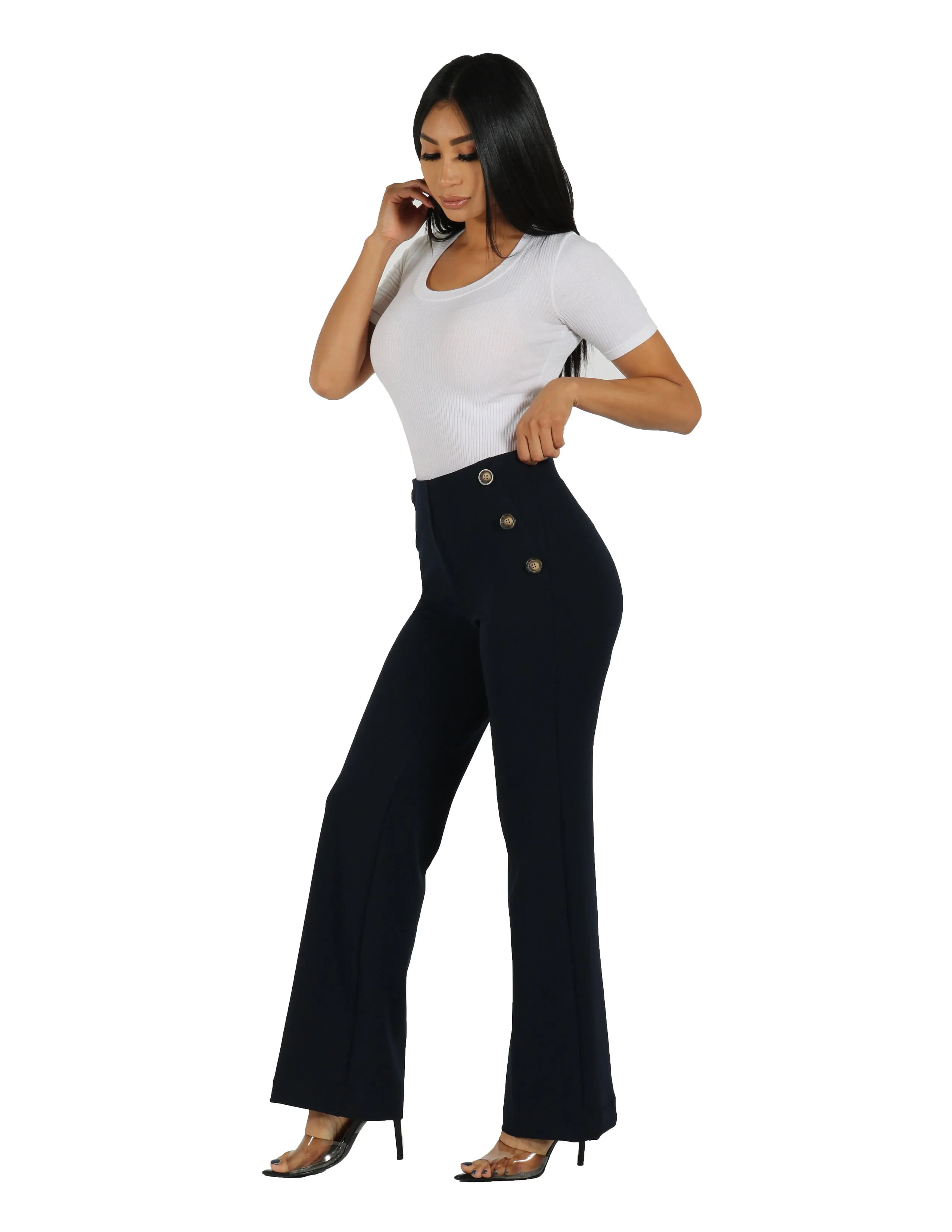 Too Busy Knit Crepe Wide Leg Pull On Pant with Horn Button Detail