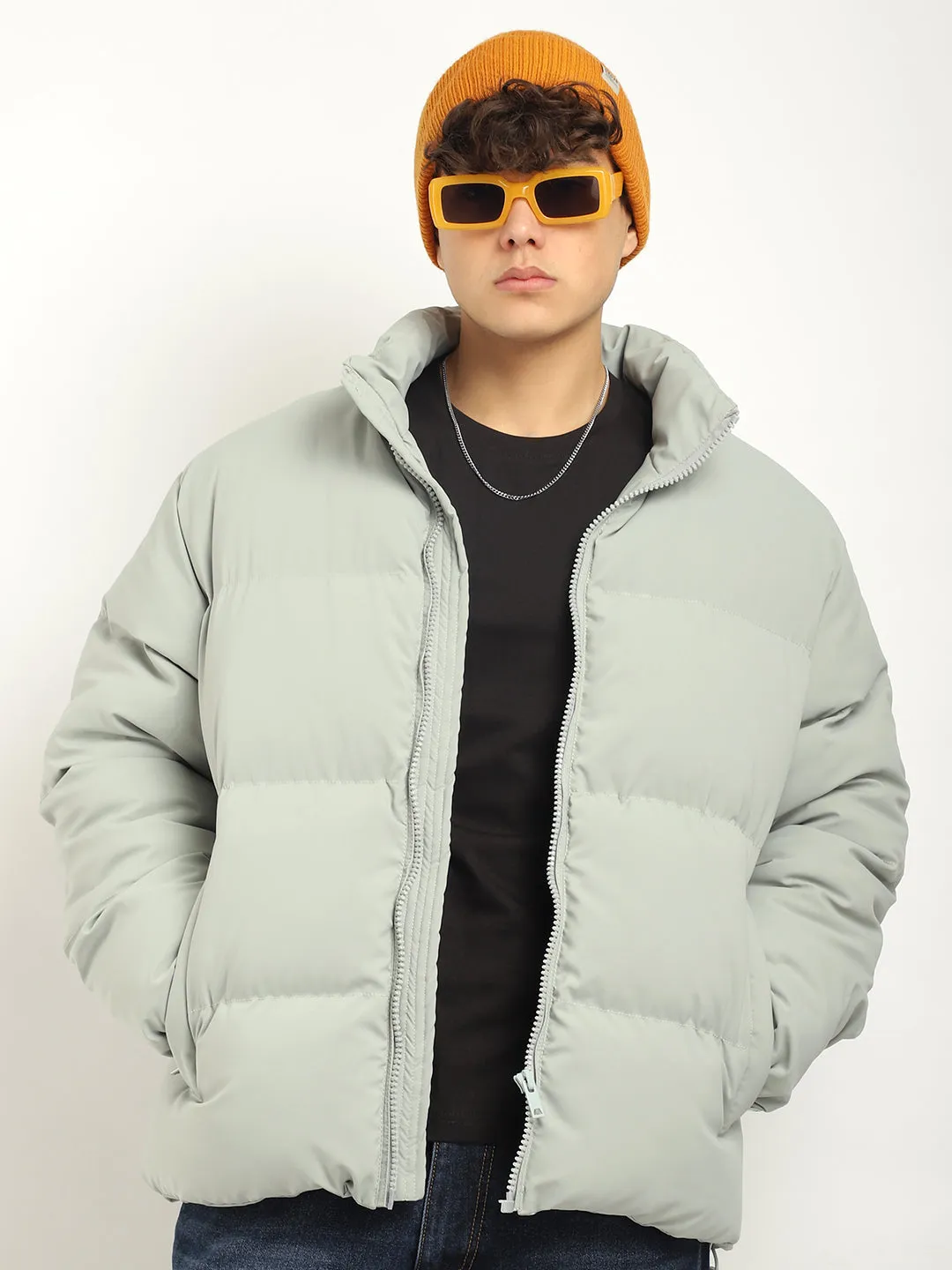 Urban Street Style Mint Blue Oversized Puffer Jacket