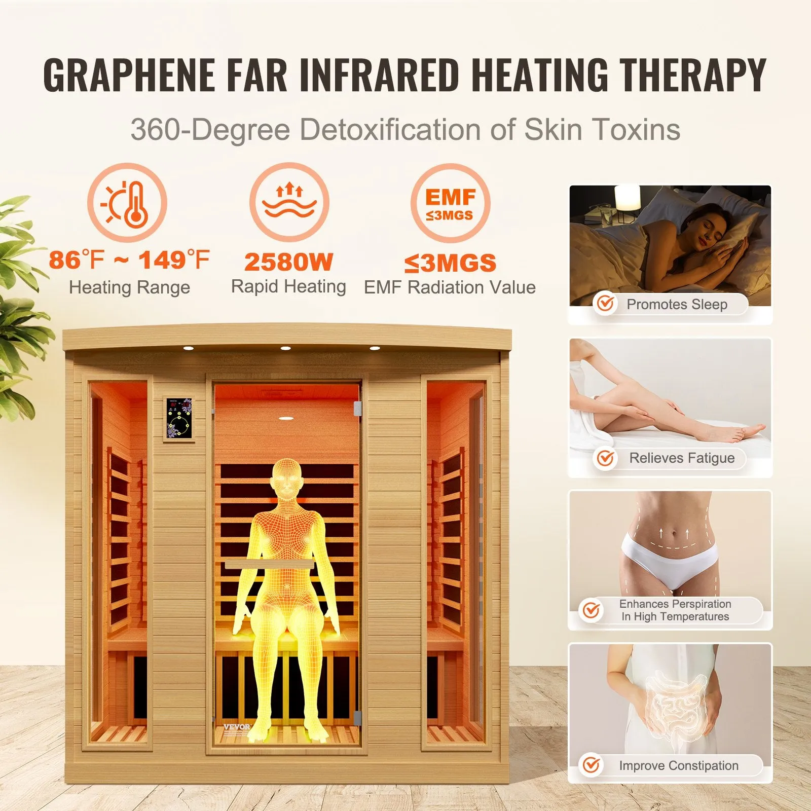 Vevor Far Infrared Wooden Sauna 73" x 42" x 75" Home Spa for 3-4 People 2580W New