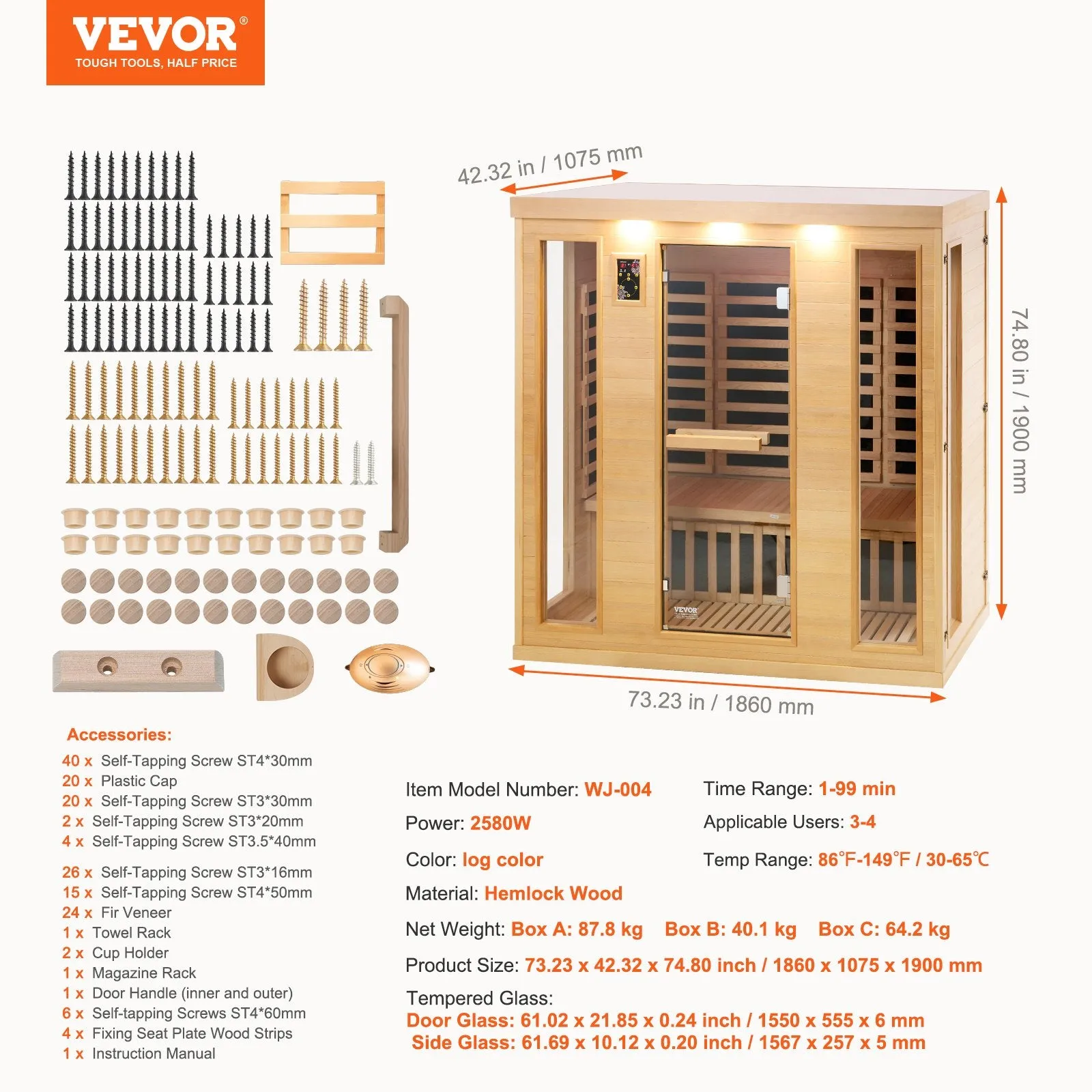 Vevor Far Infrared Wooden Sauna 73" x 42" x 75" Home Spa for 3-4 People 2580W New