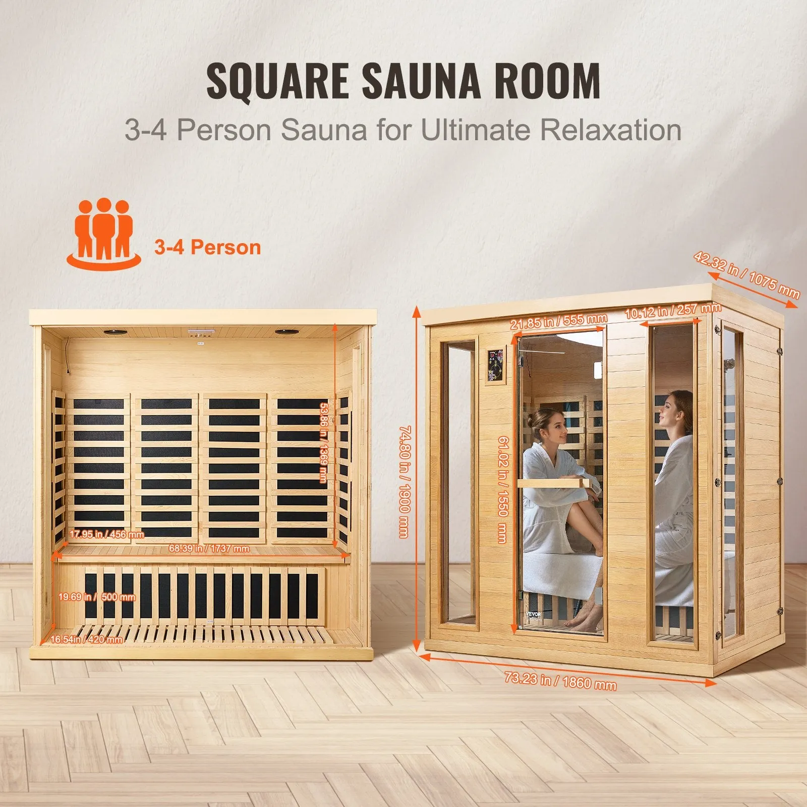 Vevor Far Infrared Wooden Sauna 73" x 42" x 75" Home Spa for 3-4 People 2580W New