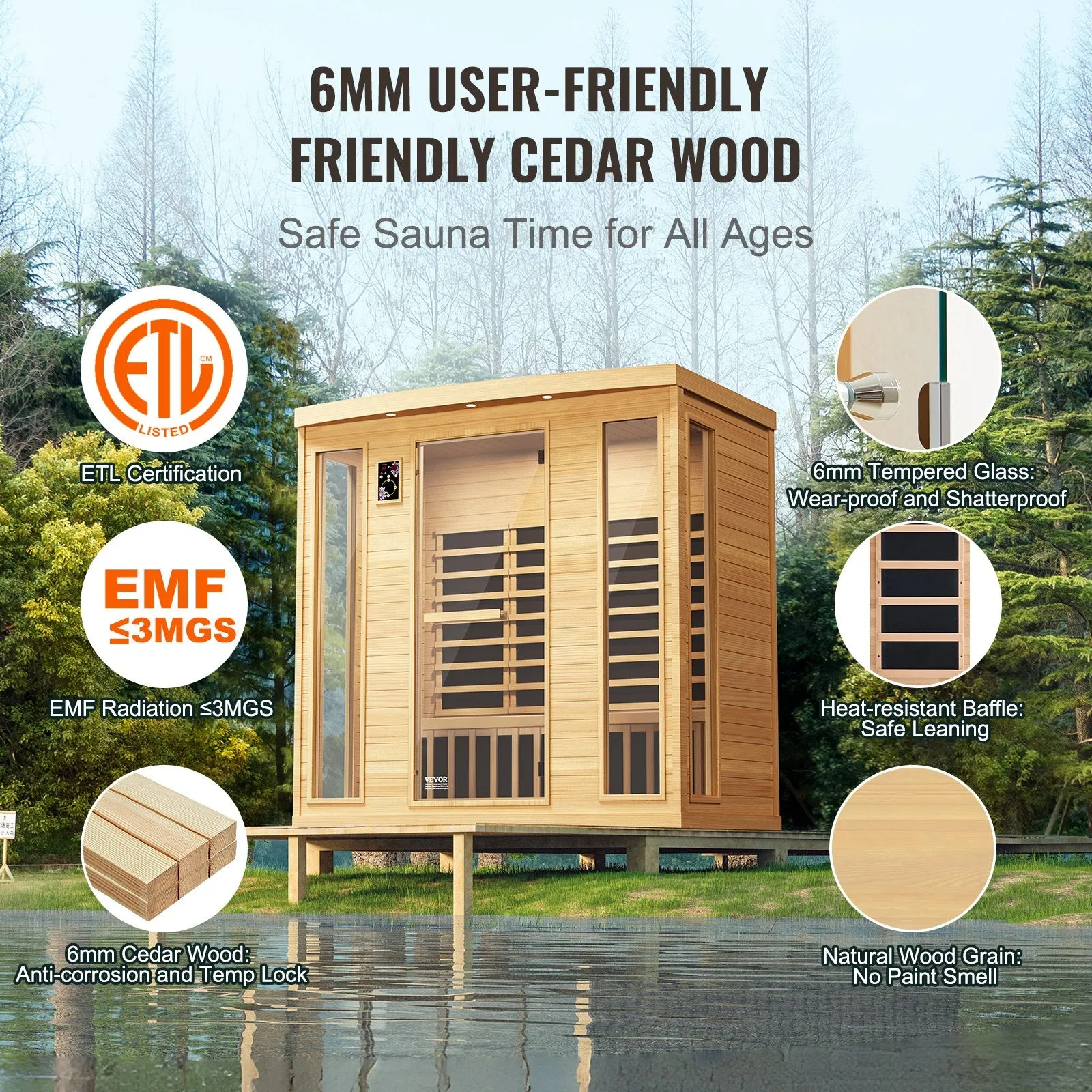 Vevor Far Infrared Wooden Sauna 73" x 42" x 75" Home Spa for 3-4 People 2580W New