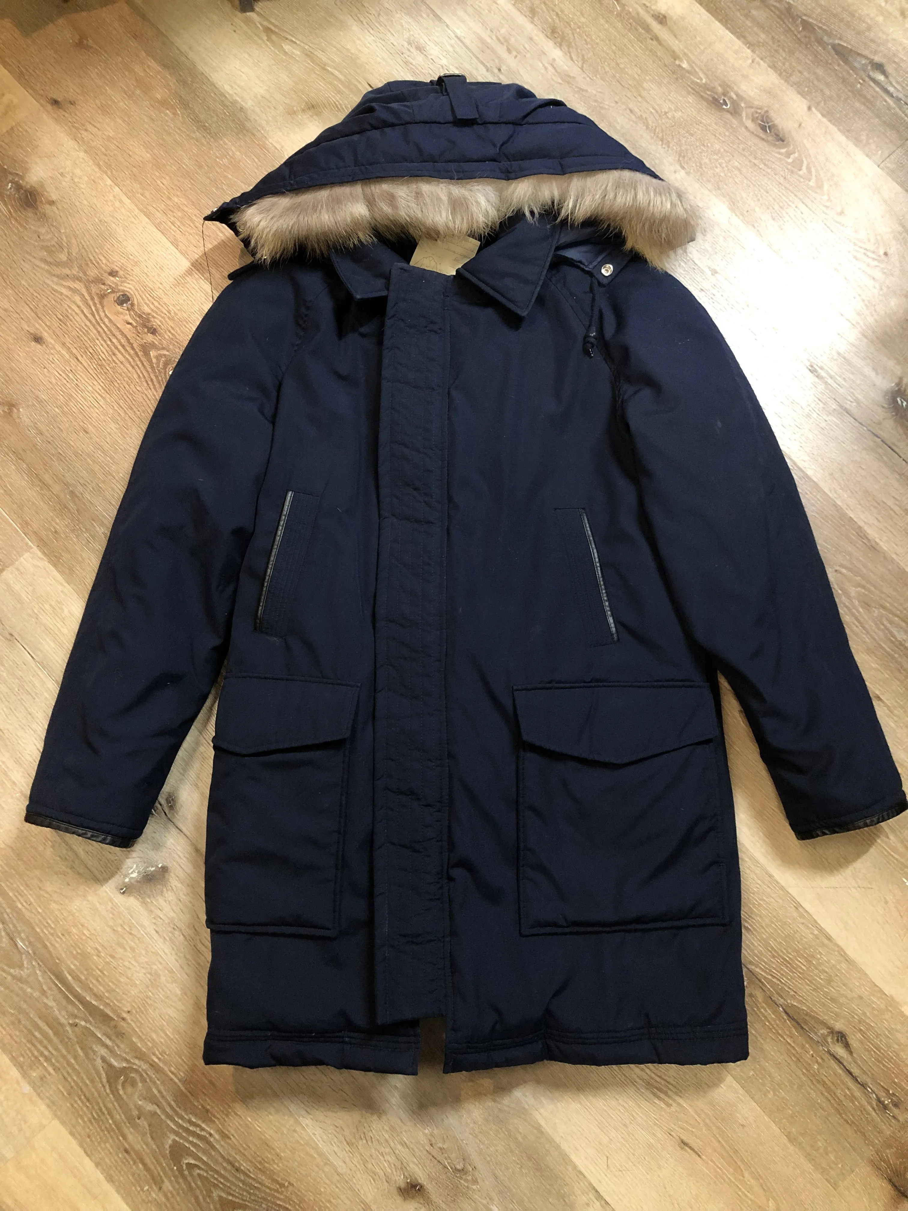 Vintage Navy Down Filled Parka with Coyote Fur Trimmed Hood