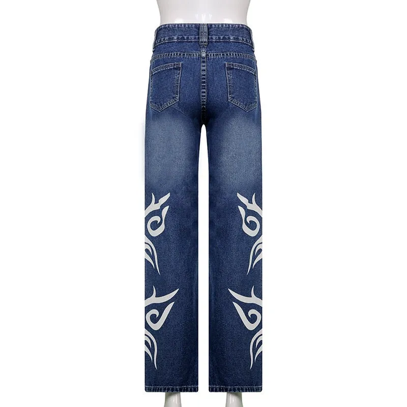 Wjczt Butterfly Print Baggy Jeans Women Autumn Low Waist Denim Flare Pants Harajuku Streetwear Vintage Y2k Fairy Grunge Jeans