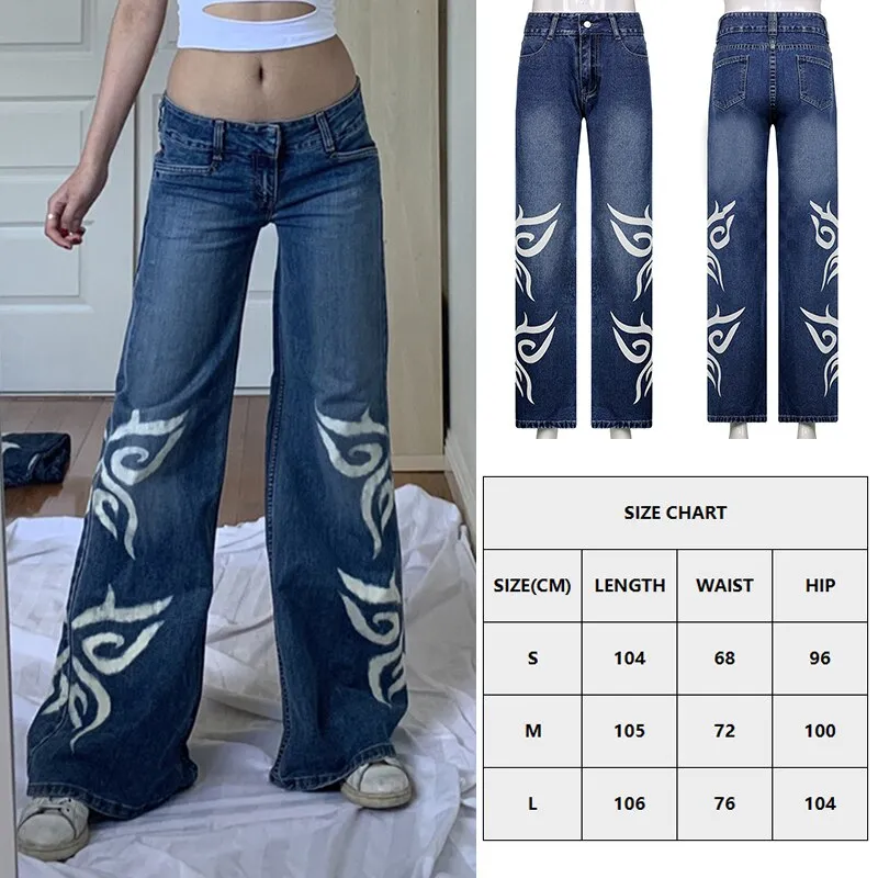 Wjczt Butterfly Print Baggy Jeans Women Autumn Low Waist Denim Flare Pants Harajuku Streetwear Vintage Y2k Fairy Grunge Jeans