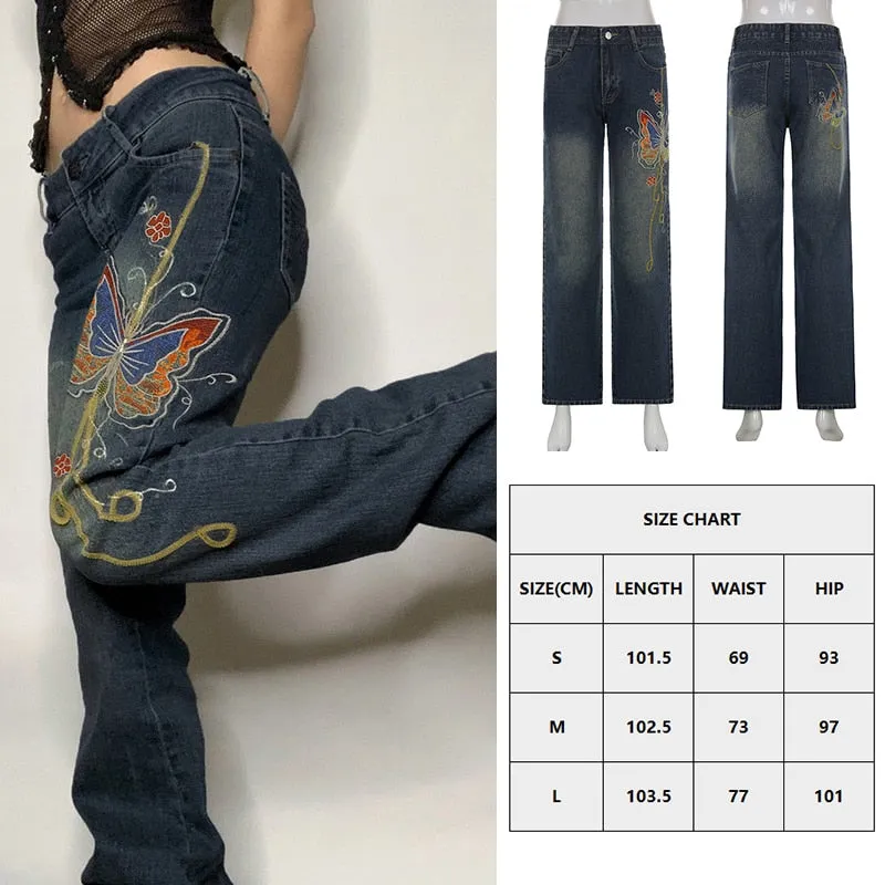 Wjczt Butterfly Print Baggy Jeans Women Autumn Low Waist Denim Flare Pants Harajuku Streetwear Vintage Y2k Fairy Grunge Jeans