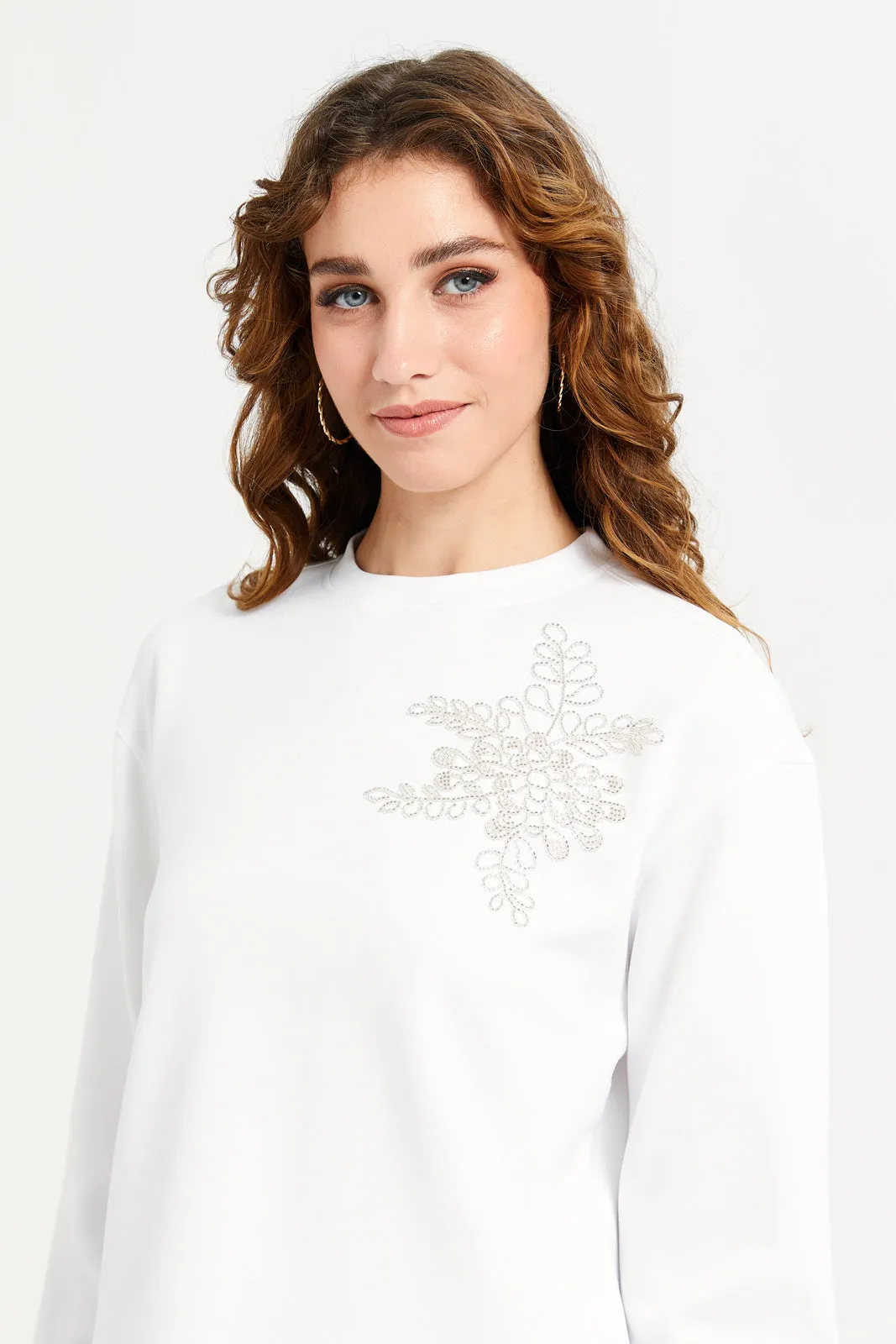 Women Cream Sequined Motif Sweatshirt