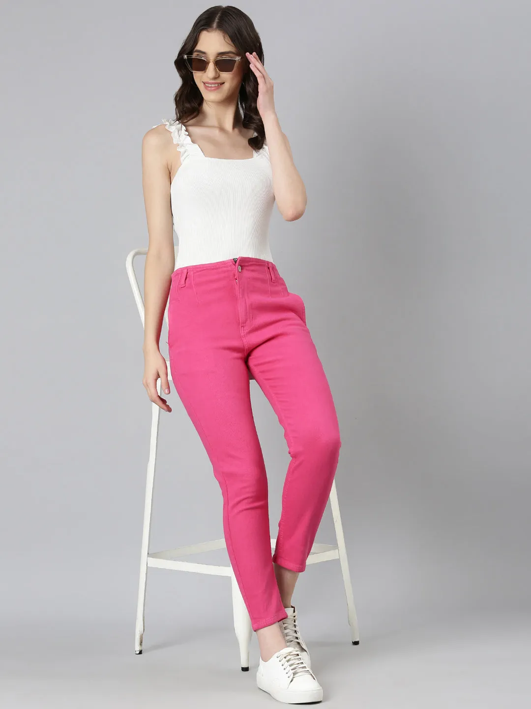 Women Fuchsia Solid Slim Fit Denim Jeans