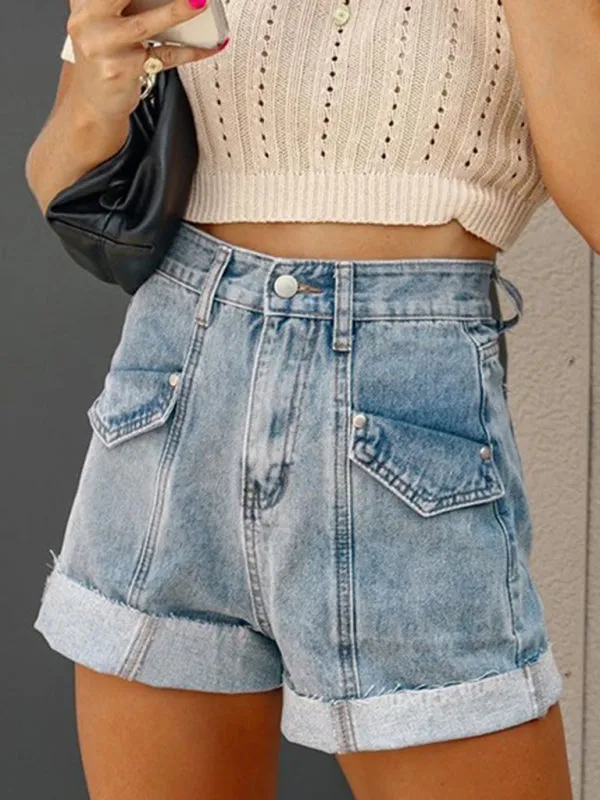 Women's Casual Stitching Turnover Denim Shorts