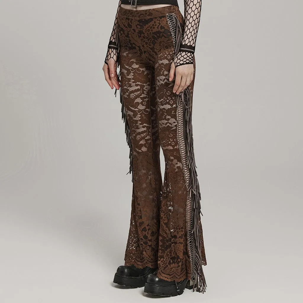 Women's Gothic Lace Tassels Flared Pants Coffee