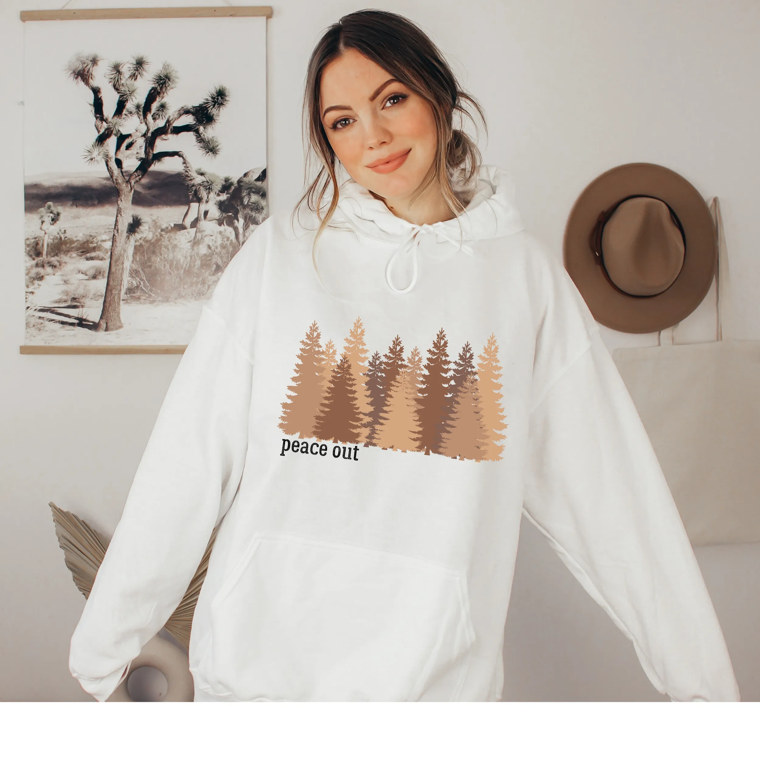 Women's Peace Out Cozy Hooded Sweatshirt in White, Grey or Sand, Adventure, Hiking, Camping Hoodie Colorado Mountains Sweatshirt