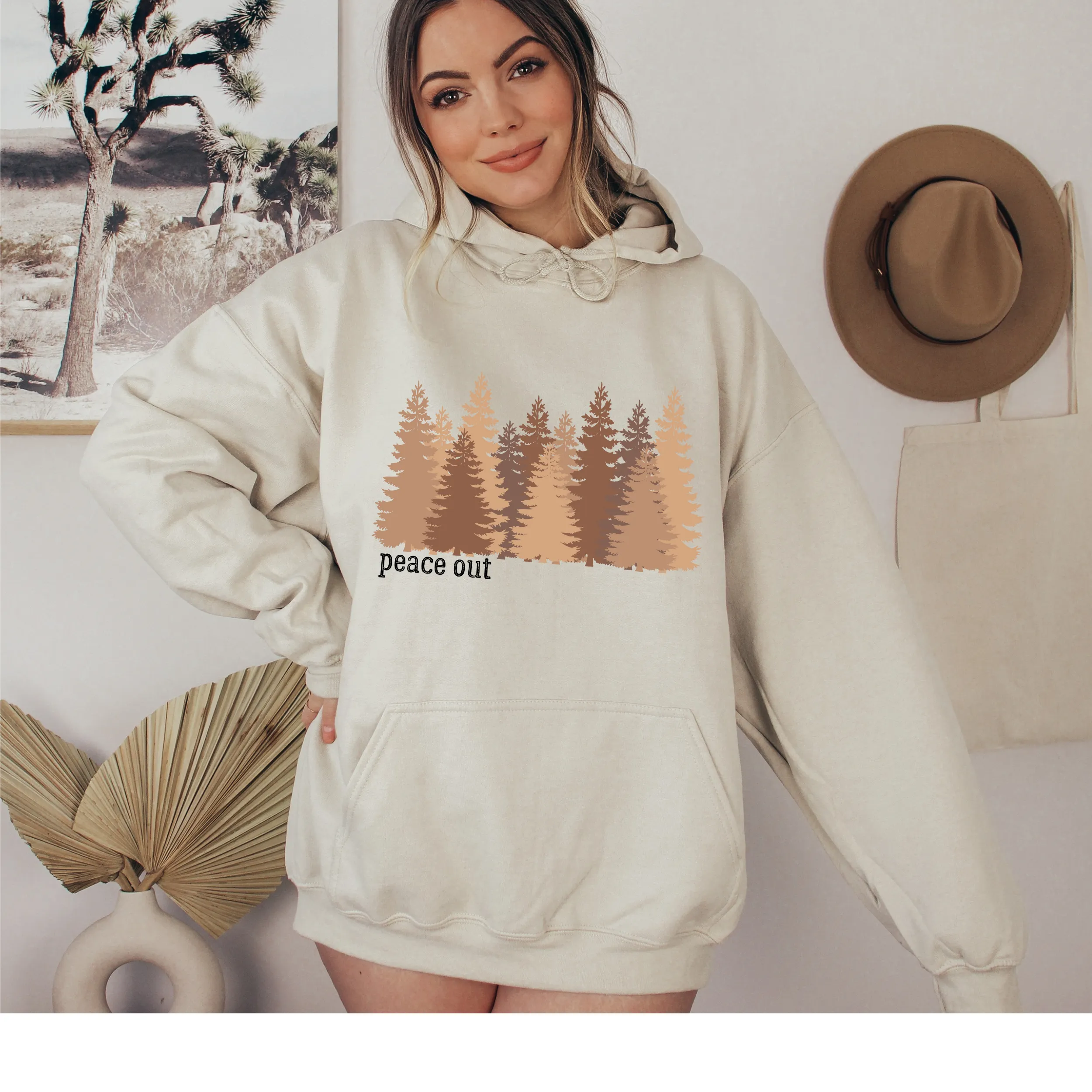 Women's Peace Out Cozy Hooded Sweatshirt in White, Grey or Sand, Adventure, Hiking, Camping Hoodie Colorado Mountains Sweatshirt