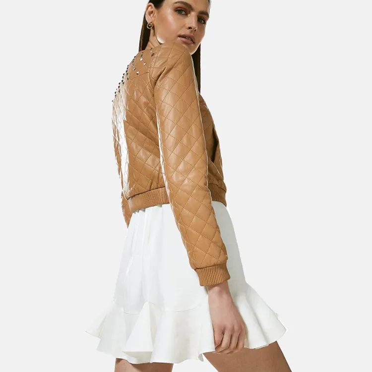 Women’s Tan Beige Leather Studded Bomber Jacket