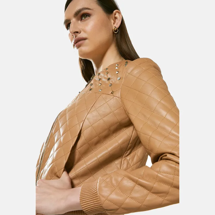 Women’s Tan Beige Leather Studded Bomber Jacket