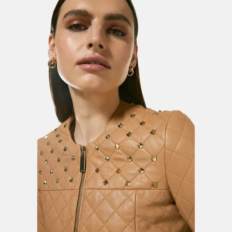 Women’s Tan Beige Leather Studded Bomber Jacket