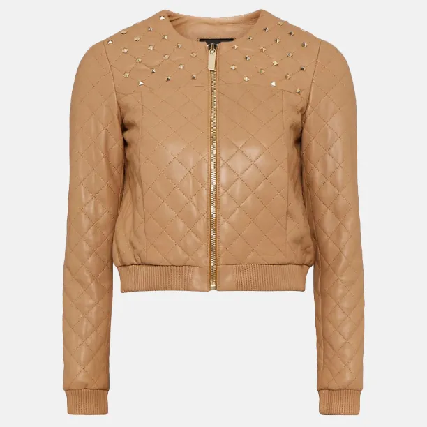 Women’s Tan Beige Leather Studded Bomber Jacket