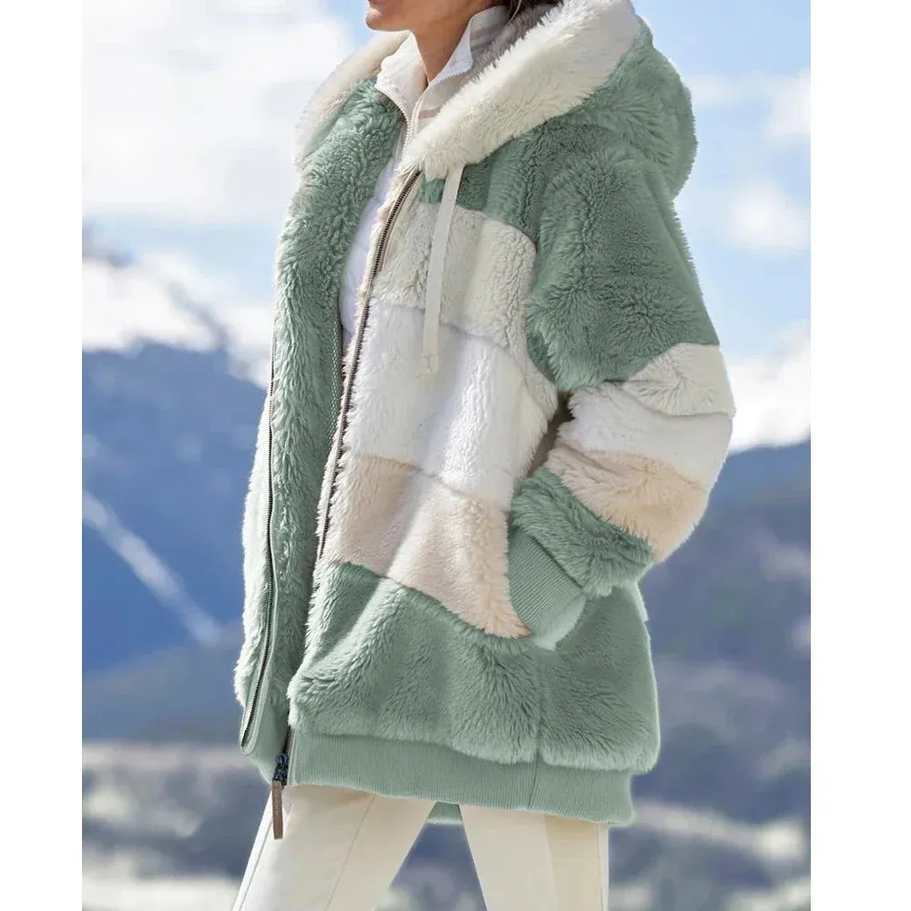 Women's Thick Hooded Zipper Cashmere Spliced Plaid Stitching Coat