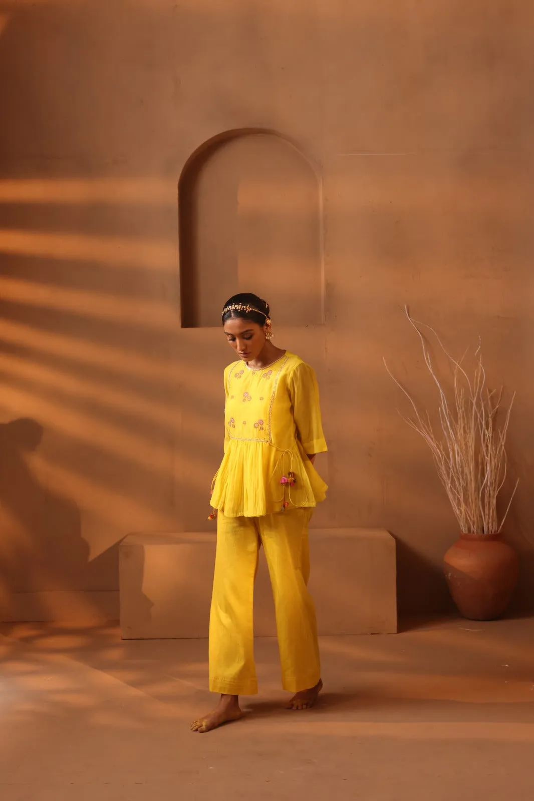 Yellow embroidered top and pant